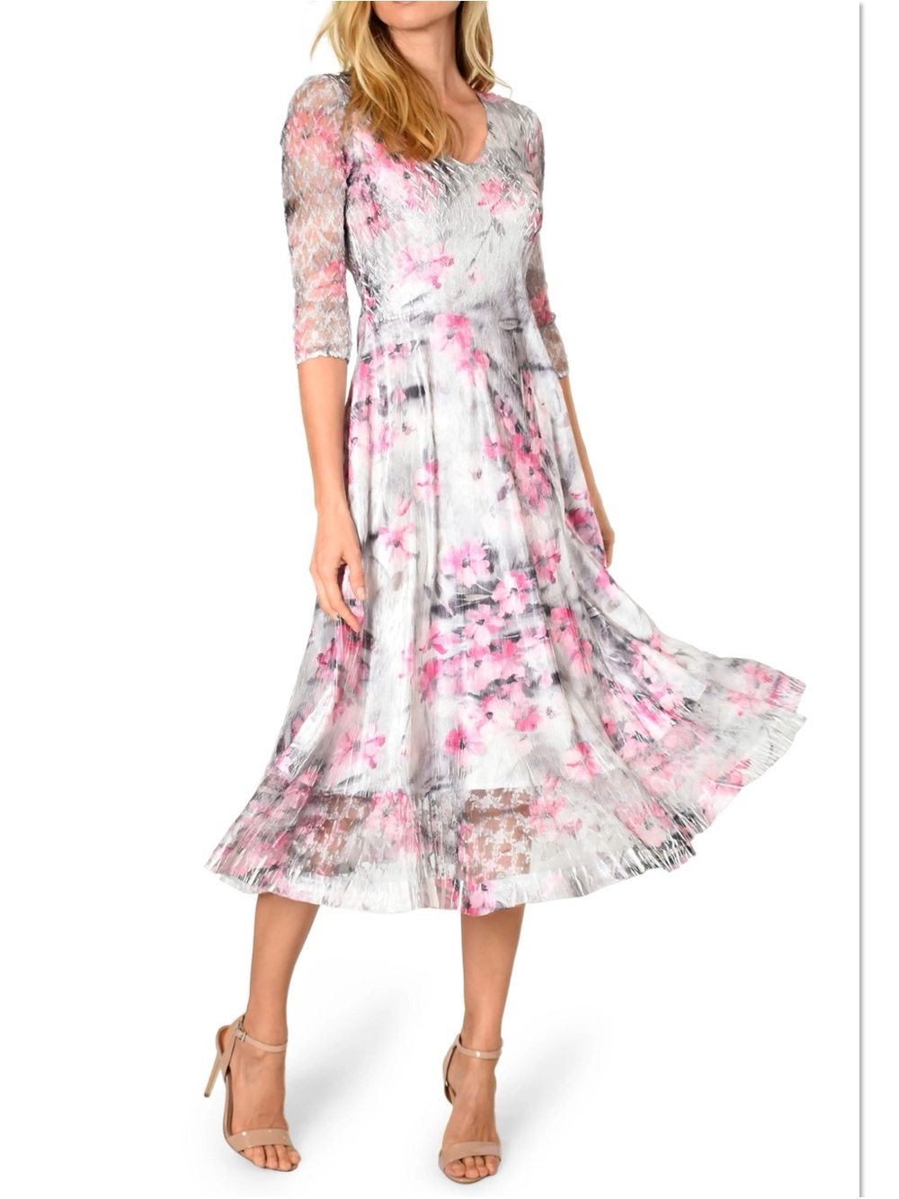 Komarov Lace Sleeve Charmeuse Dress Midi Rouge Wisteria L NWT Wedding Guest - Picture 2 of 10